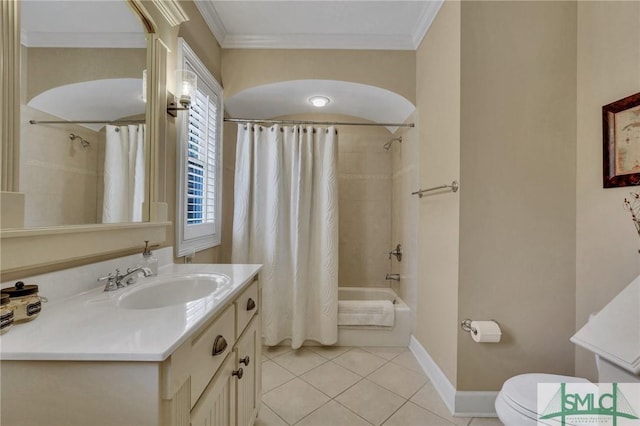 full bathroom with tile patterned flooring, ornamental molding, vanity, toilet, and shower / bath combo