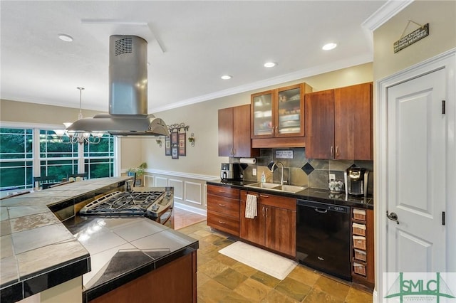 kitchen with sink, ornamental molding, dishwasher, pendant lighting, and island exhaust hood