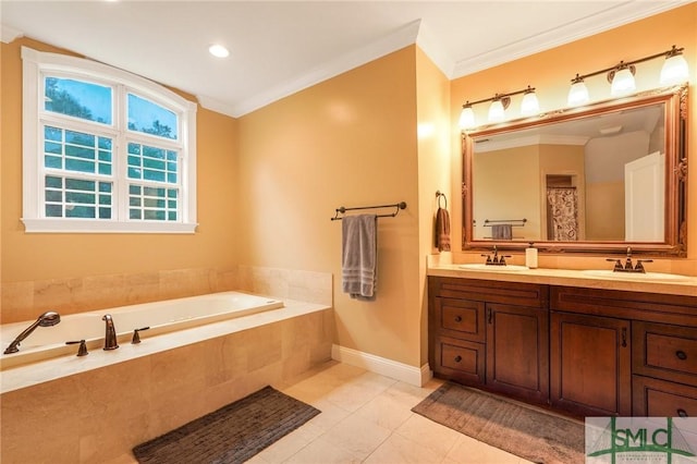 bathroom with a relaxing tiled tub, ornamental molding, tile patterned flooring, and vanity