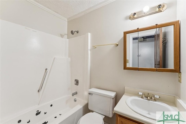 full bathroom with toilet, crown molding, a textured ceiling, shower / bathtub combination, and vanity