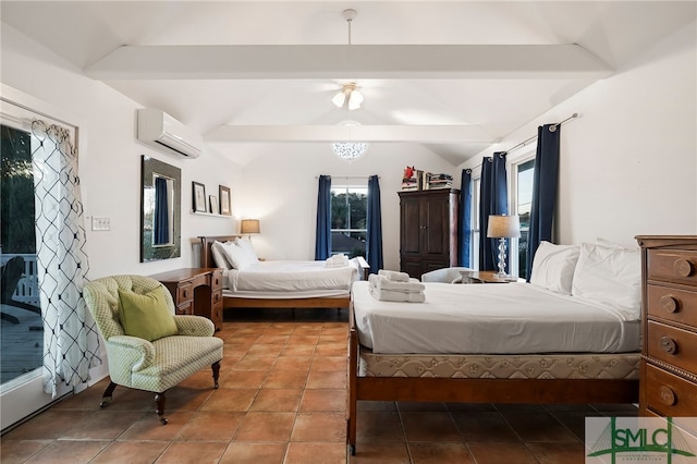 tiled bedroom featuring lofted ceiling with beams and an AC wall unit