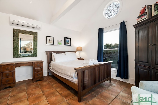 tiled bedroom with vaulted ceiling and a wall unit AC