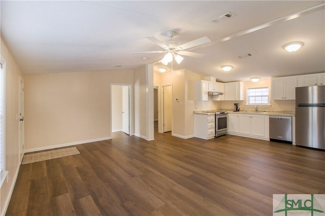 kitchen featuring sink, dark wood-type flooring, ceiling fan, stainless steel appliances, and white cabinets