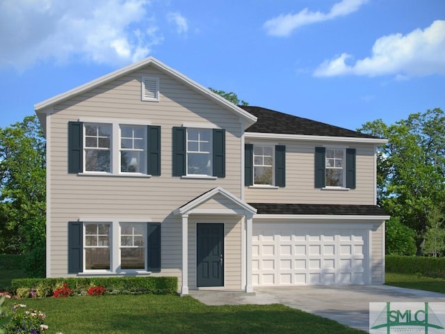 view of front of house with a garage and a front lawn