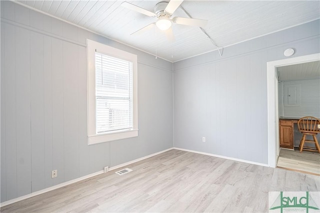 spare room with light hardwood / wood-style floors, ceiling fan, and wood walls