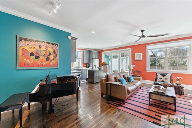 living room featuring dark wood-type flooring, rail lighting, sink, ornamental molding, and ceiling fan