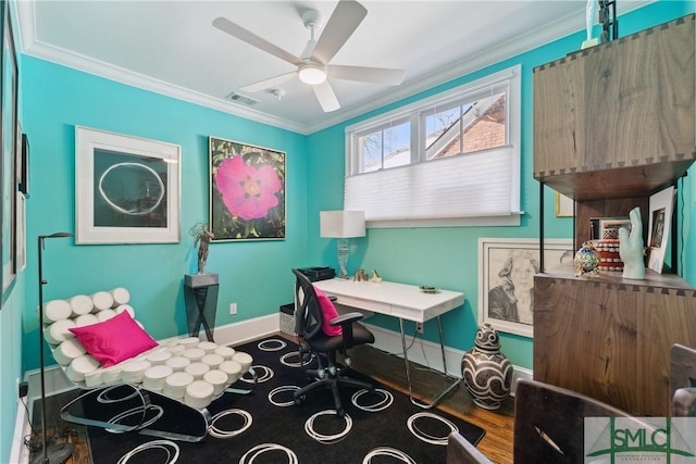 interior space featuring hardwood / wood-style flooring, ornamental molding, and ceiling fan