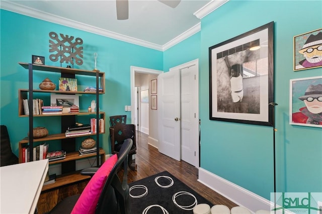 interior space featuring dark hardwood / wood-style flooring and ornamental molding