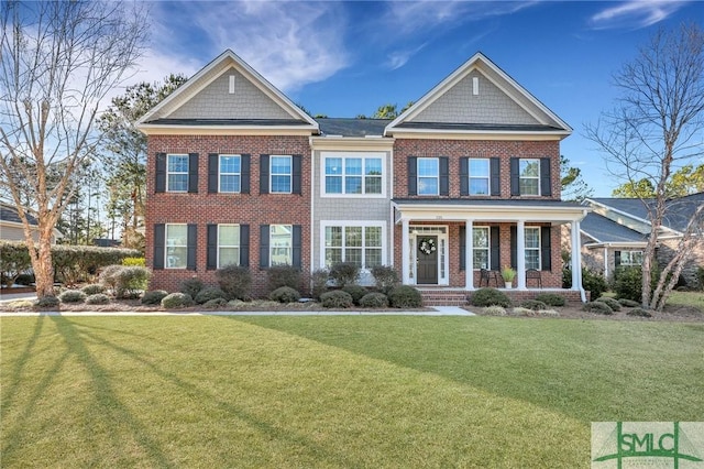 view of front of home with a front yard and a porch