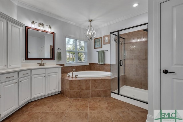 bathroom featuring ornamental molding, shower with separate bathtub, tile patterned flooring, and vanity