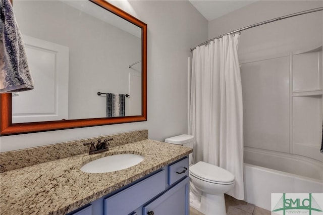 full bathroom with vanity, toilet, tile patterned flooring, and shower / bath combo with shower curtain