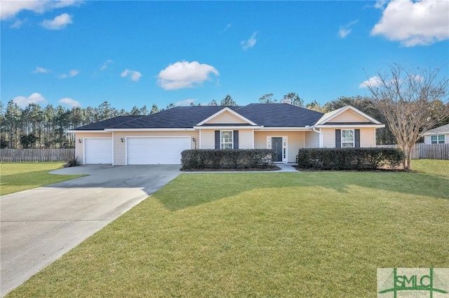 ranch-style house featuring a garage and a front yard