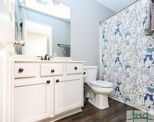 bathroom with wood-type flooring, vanity, and toilet