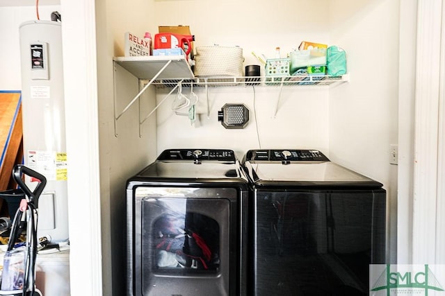 laundry area with water heater and washing machine and clothes dryer