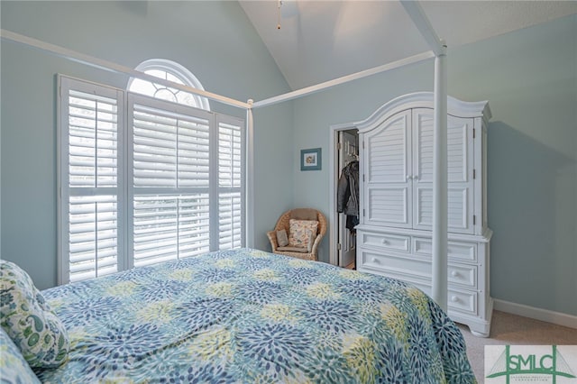 carpeted bedroom with lofted ceiling and a closet