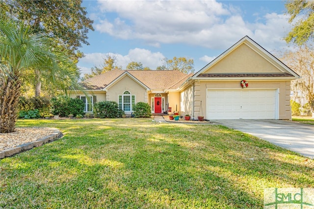 ranch-style house featuring a garage and a front lawn