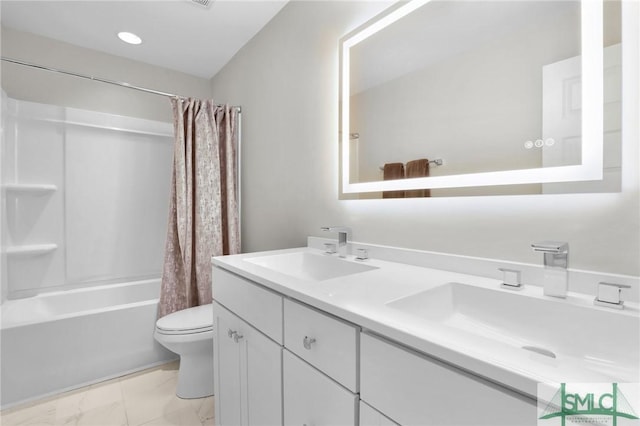 full bathroom featuring toilet, vanity, and shower / bathtub combination with curtain