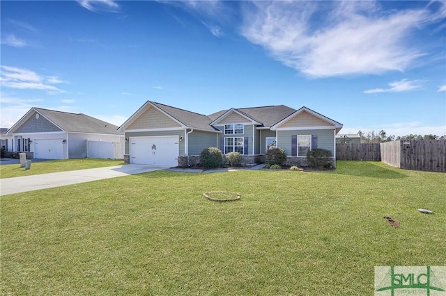 single story home featuring a garage and a front lawn