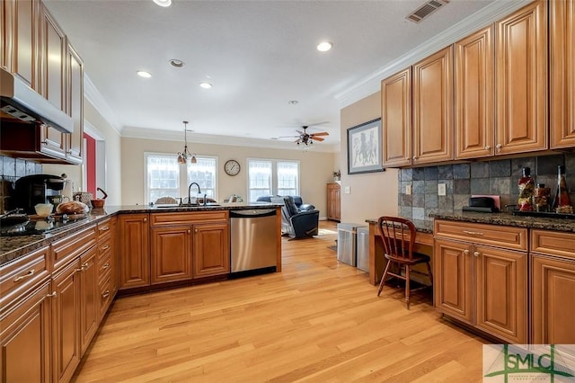 kitchen with sink, decorative backsplash, decorative light fixtures, stainless steel dishwasher, and kitchen peninsula