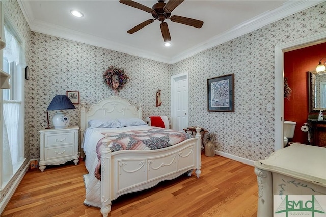 bedroom with ceiling fan, ornamental molding, and light wood-type flooring