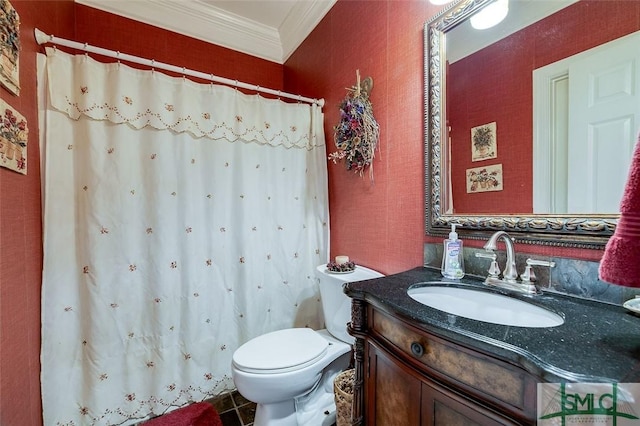 bathroom featuring ornamental molding, toilet, tile patterned flooring, and vanity