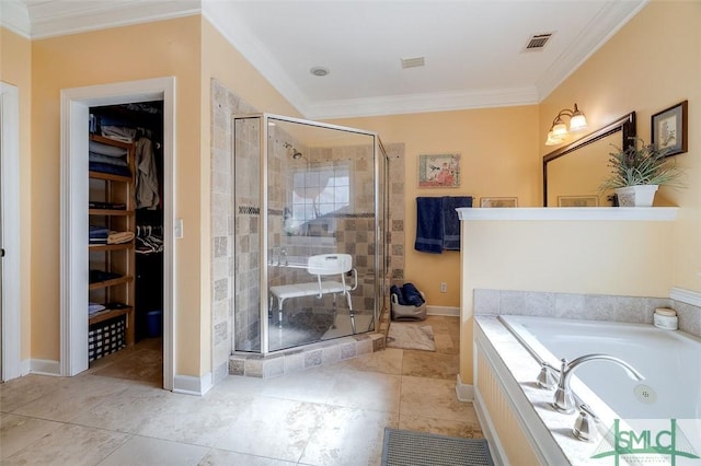 bathroom featuring ornamental molding and plus walk in shower