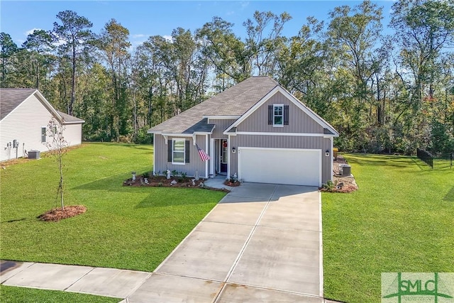 view of front of property with a garage, central air condition unit, and a front lawn