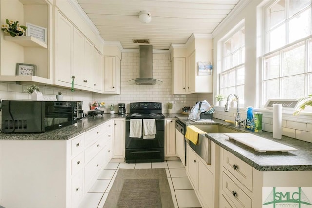 kitchen with light tile patterned flooring, black appliances, wooden ceiling, backsplash, and wall chimney range hood