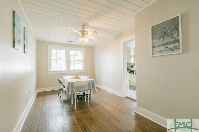 dining room featuring wooden ceiling, dark hardwood / wood-style floors, and ceiling fan