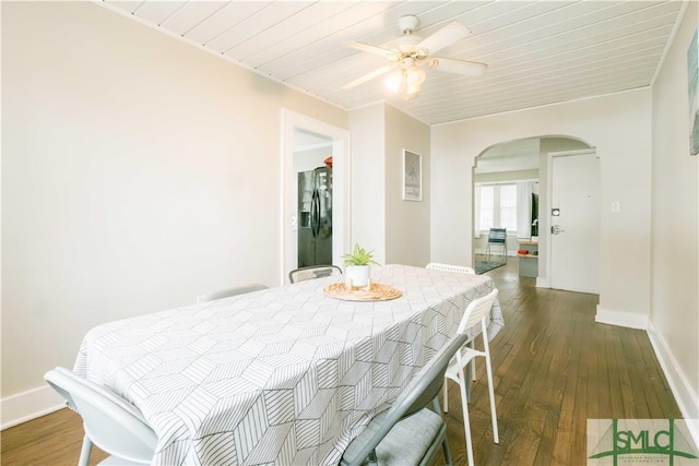 dining space with wood ceiling, ceiling fan, and dark hardwood / wood-style floors