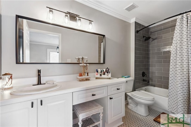 full bathroom with crown molding, toilet, shower / tub combo with curtain, and vanity