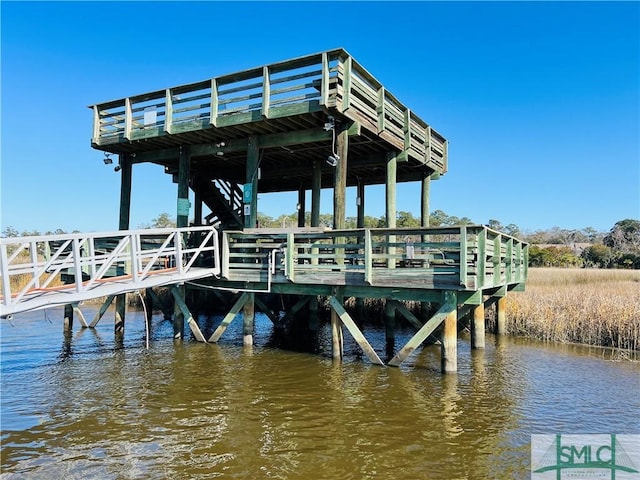 dock area featuring a pier and a water view