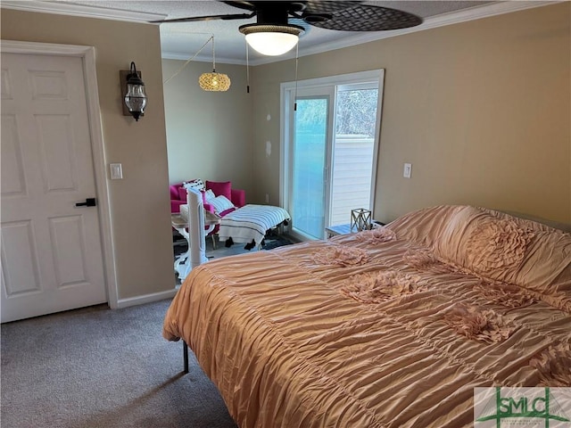 carpeted bedroom featuring ornamental molding, access to outside, baseboards, and a ceiling fan