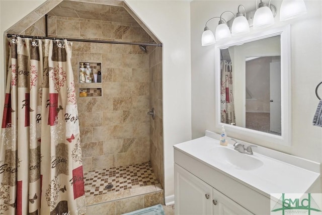 bathroom with vanity and a shower with curtain