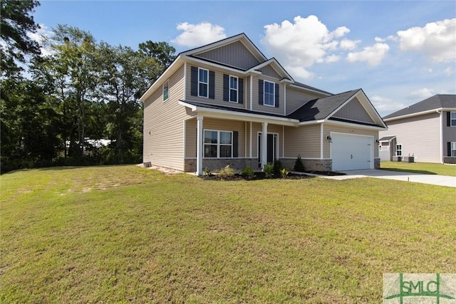 craftsman-style home featuring a garage, a front lawn, and a porch