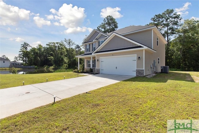 craftsman-style home with a water view, a front yard, and central air condition unit