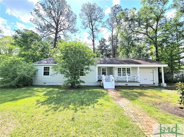 ranch-style home featuring crawl space, roof with shingles, covered porch, and a front lawn
