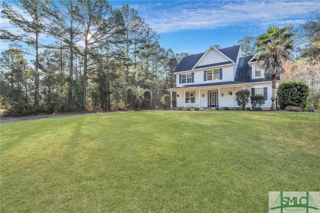 view of front of home with a porch and a front lawn