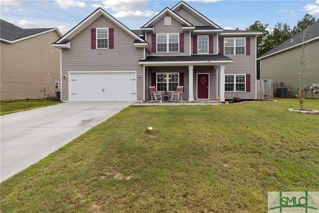 view of front of house featuring a garage, central AC, a porch, and a front yard