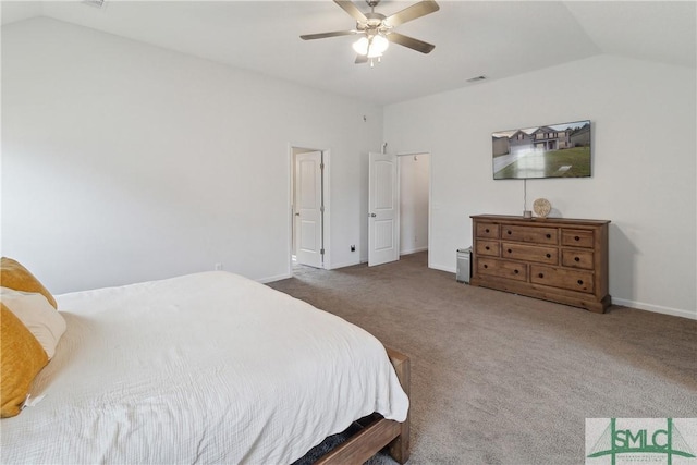 carpeted bedroom with ceiling fan and lofted ceiling