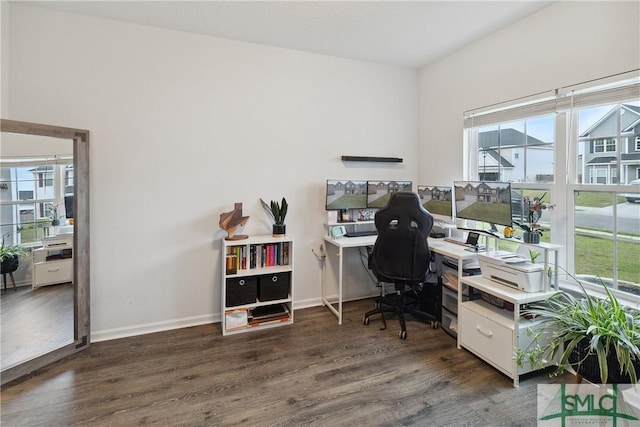 home office featuring dark wood-type flooring