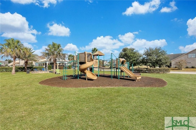 community jungle gym with a yard