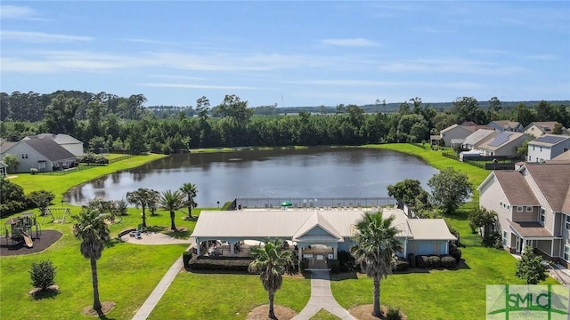 bird's eye view featuring a residential view and a water view