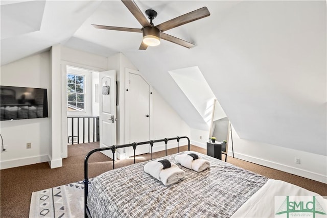 bedroom featuring ceiling fan, lofted ceiling, and carpet