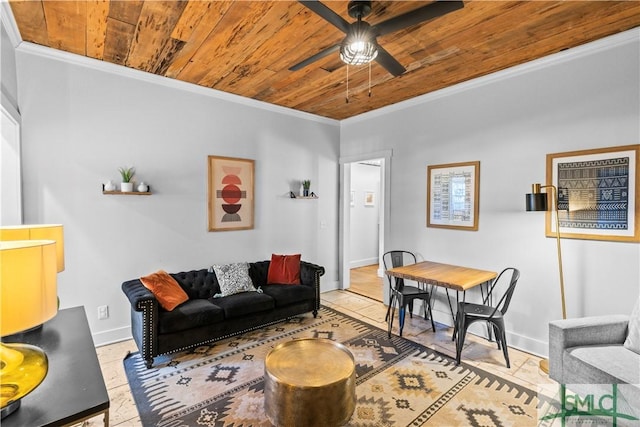 living room with ceiling fan, ornamental molding, and wooden ceiling