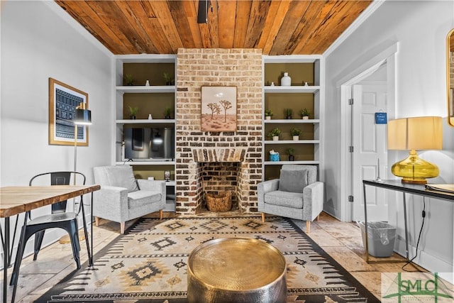 living area with built in shelves, ornamental molding, a fireplace, and wooden ceiling