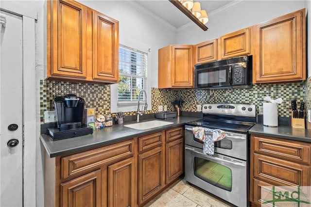 kitchen with tasteful backsplash, double oven range, ornamental molding, and sink