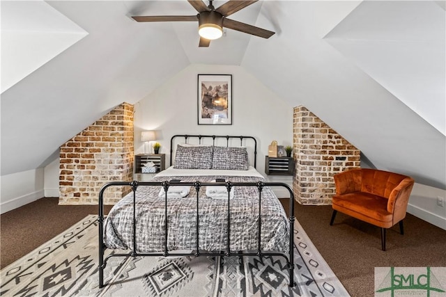 bedroom with lofted ceiling, carpet floors, and ceiling fan