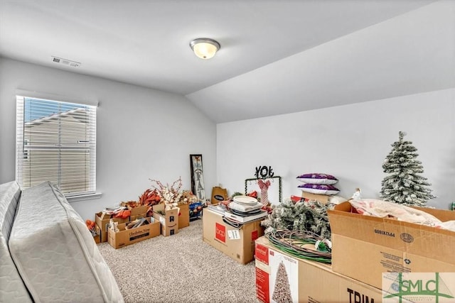 recreation room with lofted ceiling and carpet flooring