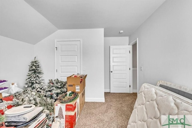 bedroom featuring lofted ceiling and carpet flooring